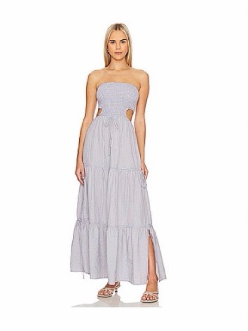 Strapless Tiered Maxi Dress in Light Blue Gingham